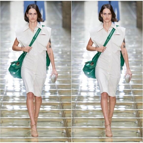 Authentic BOTTEGA VENETA Tan Sand Tex Mesh Gold Trim Runway Sandals Size… - Picture 6 of 16